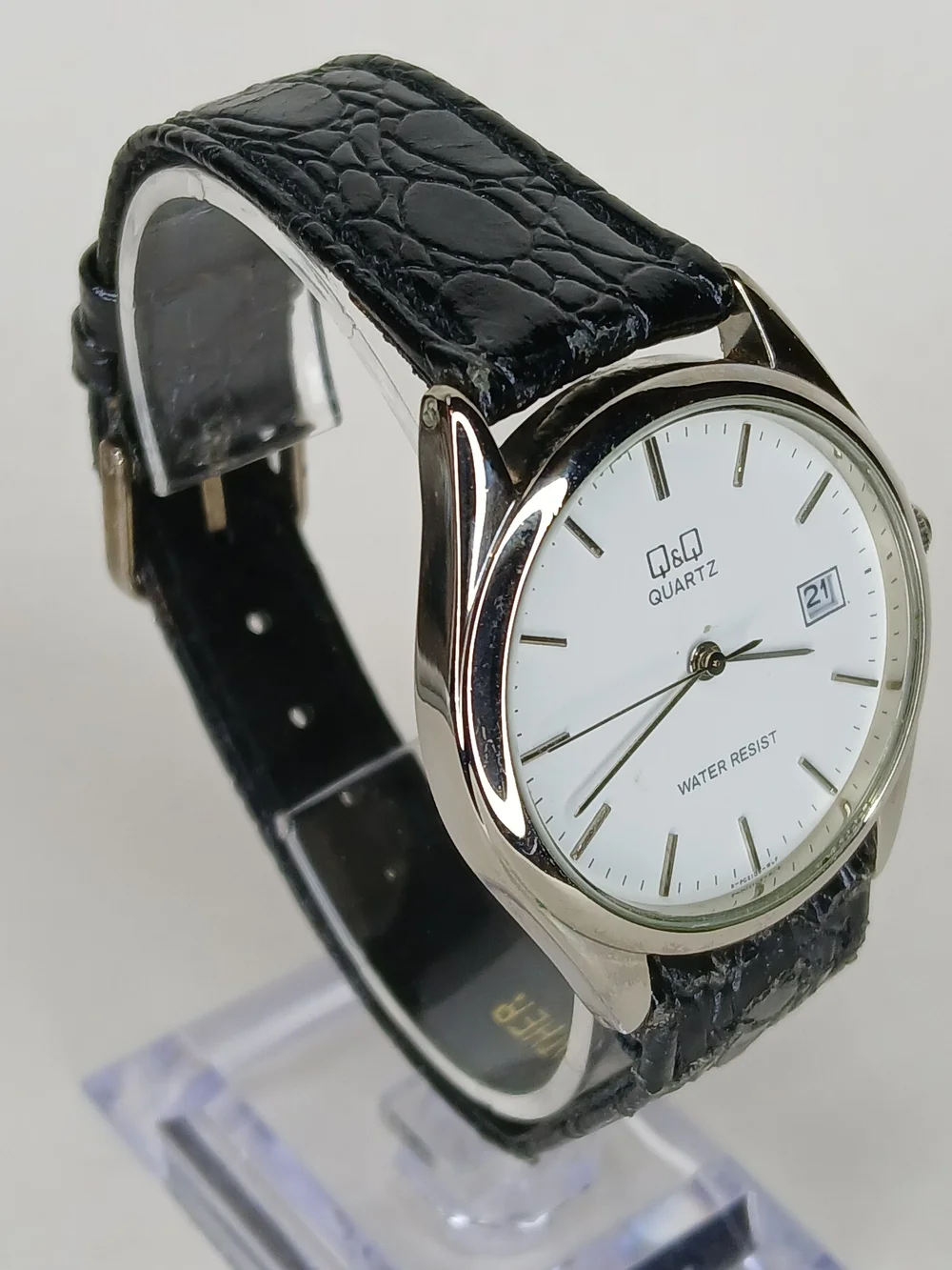 Q&Q Citizen Quartz Watch White Dial Date Silver Case Black Leather Strap Working